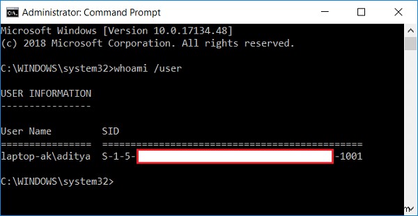 ค้นหาตัวระบุความปลอดภัย (SID) ของผู้ใช้ใน Windows 10