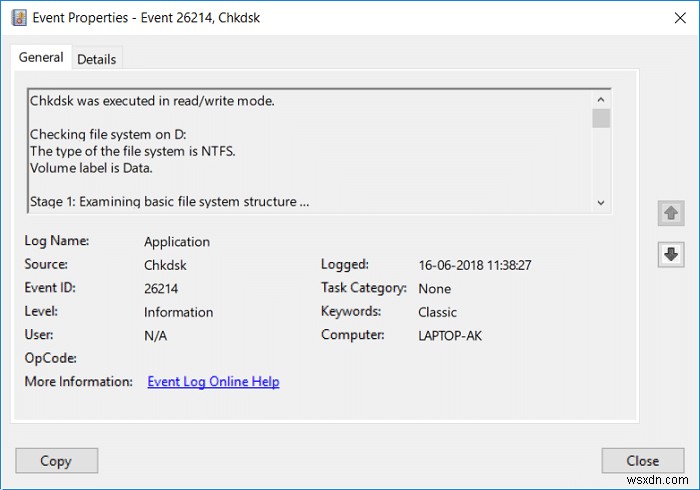 อ่านบันทึกตัวแสดงเหตุการณ์สำหรับ Chkdsk ใน Windows 10 