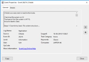 อ่านบันทึกตัวแสดงเหตุการณ์สำหรับ Chkdsk ใน Windows 10 