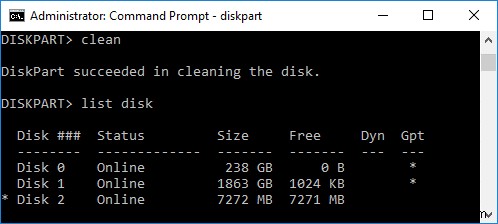 ล้างดิสก์โดยใช้คำสั่ง Diskpart Clean ใน Windows 10 