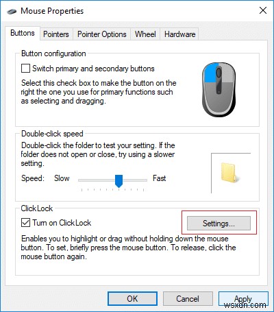 เปิดหรือปิด Mouse ClickLock ใน Windows 10 