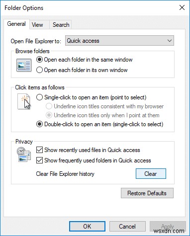 ล้างประวัติไฟล์ล่าสุดของ Explorer ใน Windows 10