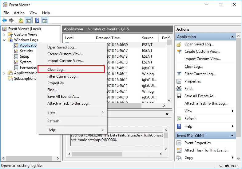 วิธีการล้างบันทึกเหตุการณ์ทั้งหมดใน Event Viewer ใน Windows 10