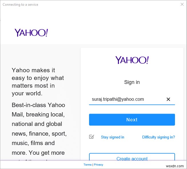 ตั้งค่าบัญชีอีเมล Yahoo ในแอปอีเมล Windows 10