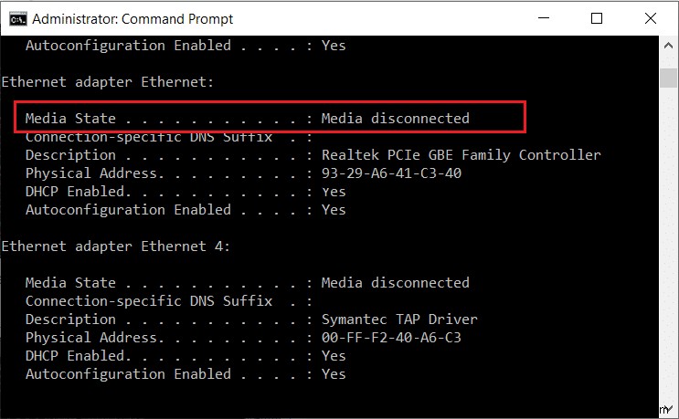 แก้ไขข้อผิดพลาด Media Disconnected ใน Windows 10 