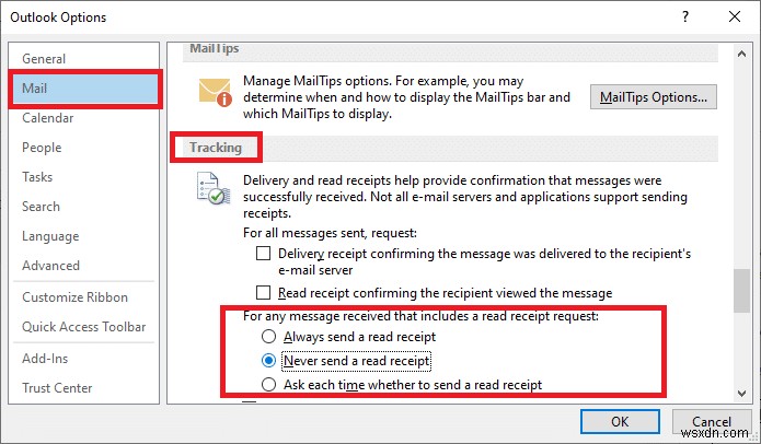วิธีปิดใบตอบรับการอ่านอีเมล Outlook