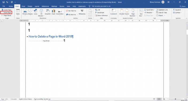 วิธีการลบหน้าใน Word 2010