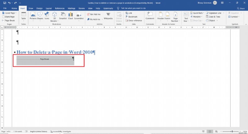 วิธีการลบหน้าใน Word 2010