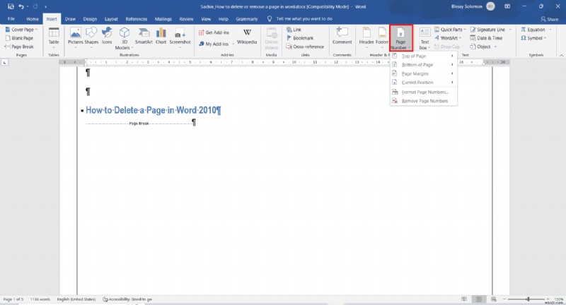 วิธีการลบหน้าใน Word 2010