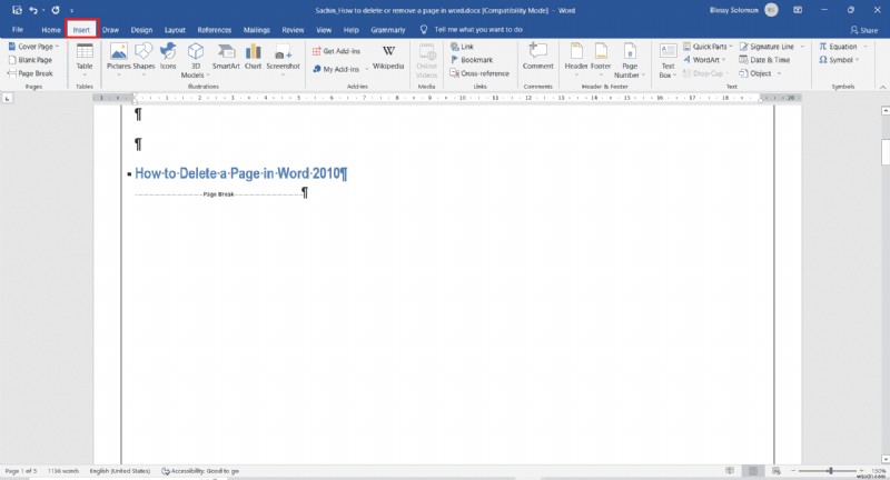 วิธีการลบหน้าใน Word 2010