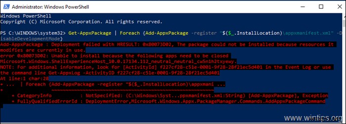 การแก้ไข:การปรับใช้โฮสต์ Windows Shell Experience ล้มเหลวด้วย HRESULT 0x80073D02 (แก้ไขแล้ว)