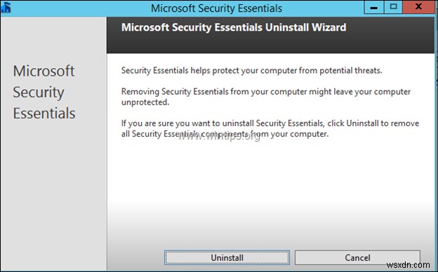 วิธีถอนการติดตั้ง Microsoft Security Essentials จากเซิร์ฟเวอร์ 2012/2012R2 (แก้ไขข้อผิดพลาด 0x8004FF04)