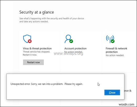 การแก้ไข:Windows Defender Threat Service หยุดทำงาน รีสตาร์ททันที (แก้ไขแล้ว)
