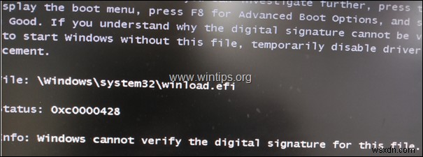 แก้ไข:0xc0000428 Windows ไม่สามารถตรวจสอบลายเซ็นดิจิทัลสำหรับ winload.efi, winload.exe (แก้ไขแล้ว)