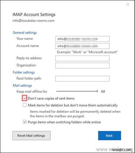 วิธีการเปลี่ยนตำแหน่งที่จัดเก็บอีเมลที่ส่งสำหรับบัญชี IMAP ใน Outlook 2016/2019