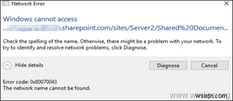 การแก้ไข:บริการ WebClient หายไปในเซิร์ฟเวอร์ 2016/2012 (แก้ไขข้อผิดพลาด 0x80070043:Windows ไม่สามารถเข้าถึงไซต์ SharePoint) 