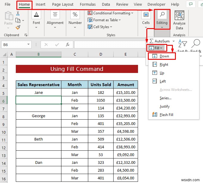 เทคนิคการล้างข้อมูล:เติมเซลล์ว่างใน Excel (4 วิธี)