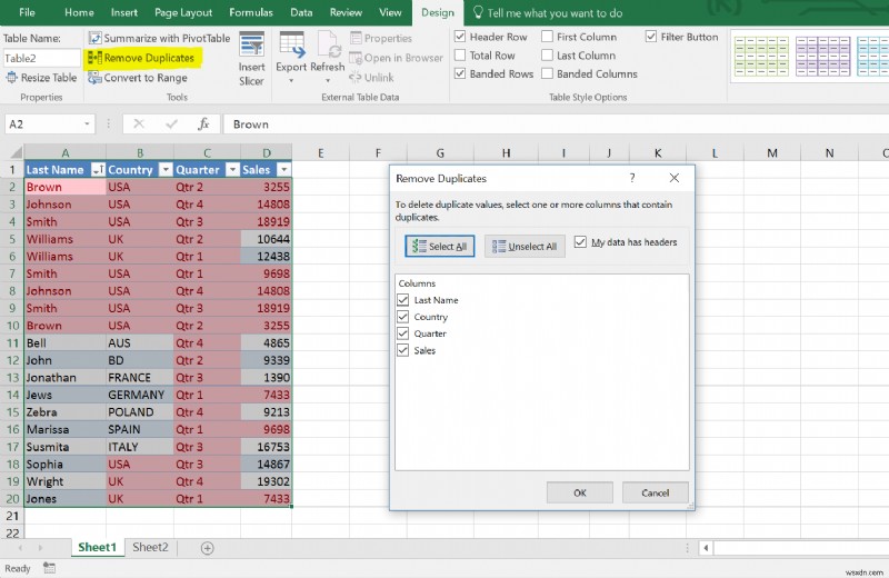 วิธีการลบแถวที่ซ้ำกันในตาราง Excel