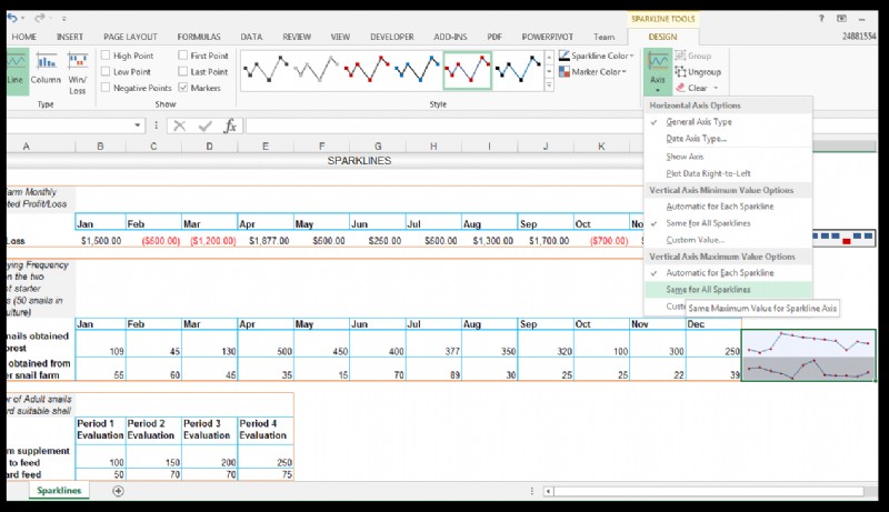 วิธีใช้เส้นแบบประกายไฟใน Excel [ด้วยตัวอย่างการทำฟาร์มหอยทาก]