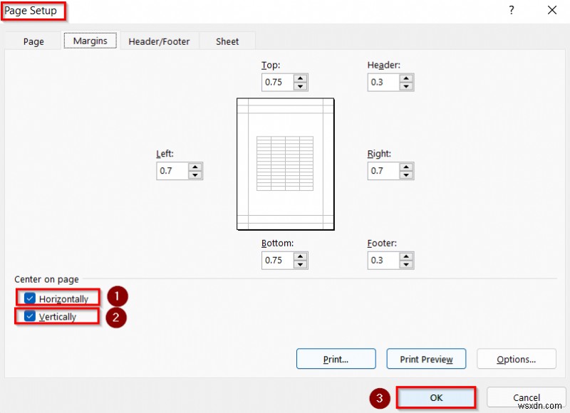 ดำเนินการคำสั่งเพื่อจัดเวิร์กชีตที่เลือกไว้กึ่งกลางใน Excel