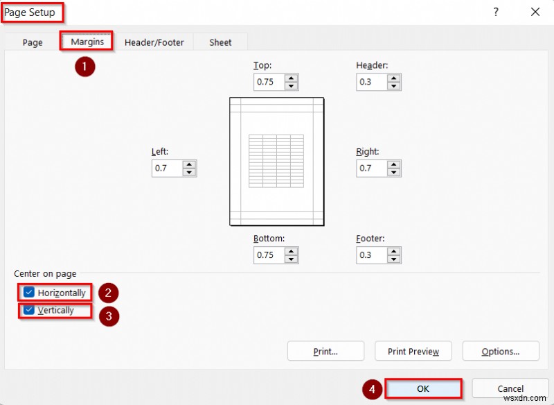 ดำเนินการคำสั่งเพื่อจัดเวิร์กชีตที่เลือกไว้กึ่งกลางใน Excel