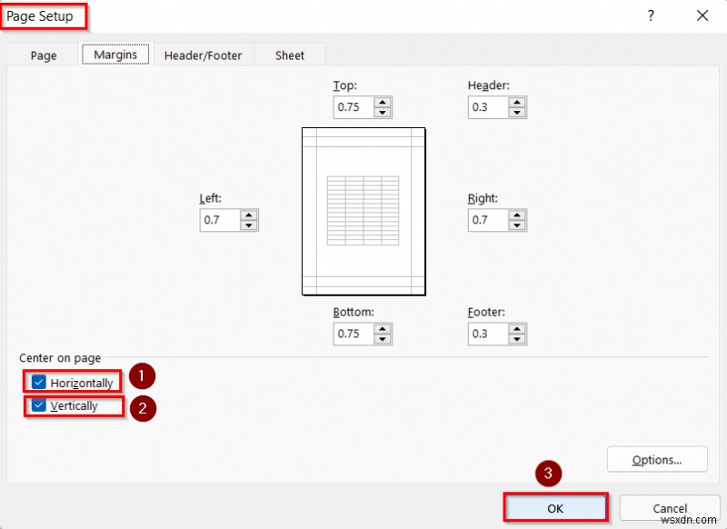 ดำเนินการคำสั่งเพื่อจัดเวิร์กชีตที่เลือกไว้กึ่งกลางใน Excel