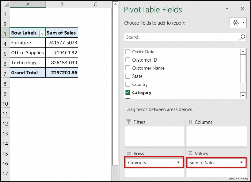 สร้างรายงานที่แสดงยอดขายรายไตรมาสตามเขตใน Excel