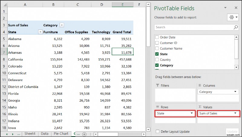 สร้างรายงานที่แสดงยอดขายรายไตรมาสตามเขตใน Excel