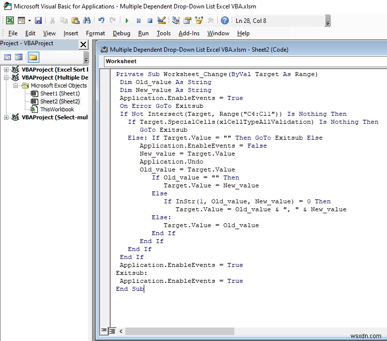 รายการแบบเลื่อนลงขึ้นอยู่กับหลายรายการ Excel VBA (3 วิธี)