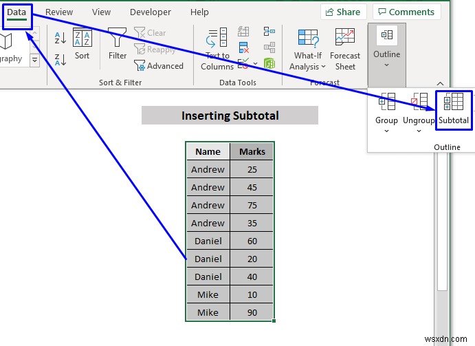 วิธีการแทรกผลรวมย่อยใน Excel