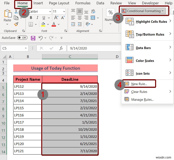 ใช้การจัดรูปแบบตามเงื่อนไขกับวันที่เกินกำหนดใน Excel (3 วิธี)
