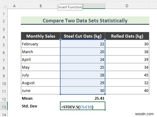 การเปรียบเทียบทางสถิติของ Excel ชุดข้อมูลสองชุด