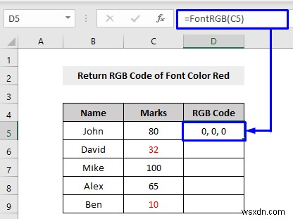 VBA เพื่อตรวจสอบว่าสีฟอนต์เป็นสีแดงหรือไม่ จากนั้นส่งคืนผลลัพธ์ใน Excel