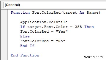 VBA เพื่อตรวจสอบว่าสีฟอนต์เป็นสีแดงหรือไม่ จากนั้นส่งคืนผลลัพธ์ใน Excel