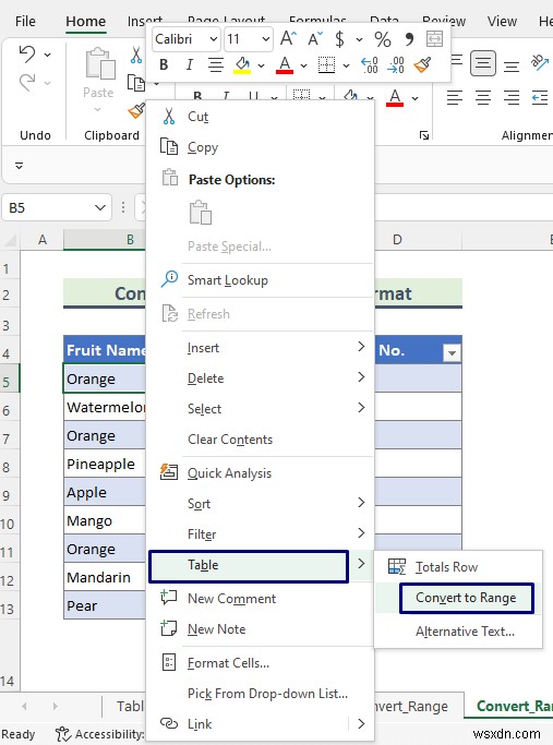 วิธีลบรูปแบบเป็นตารางใน Excel