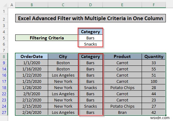 ใช้ตัวกรองขั้นสูงตามเกณฑ์หลายเกณฑ์ในคอลัมน์เดียวใน Excel