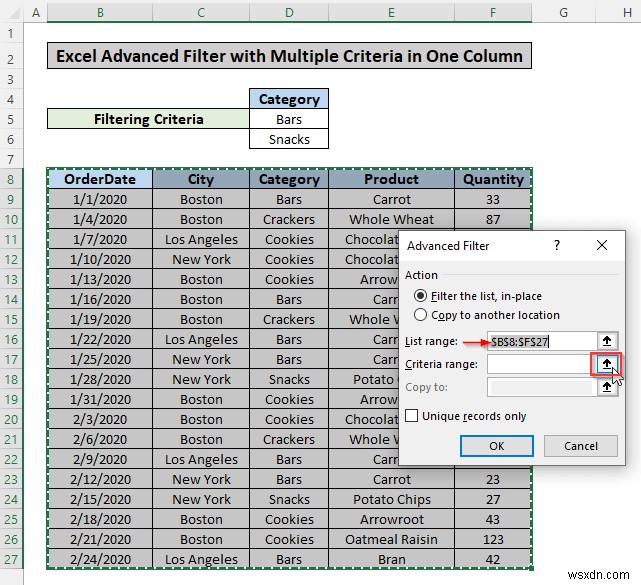 ใช้ตัวกรองขั้นสูงตามเกณฑ์หลายเกณฑ์ในคอลัมน์เดียวใน Excel