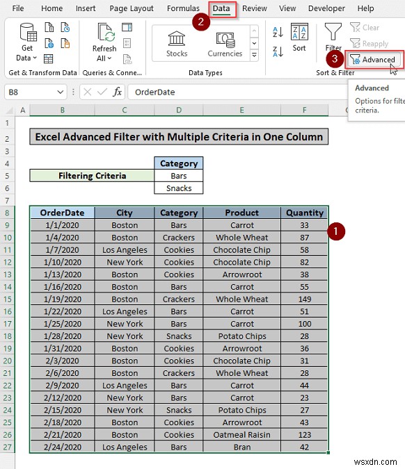 ใช้ตัวกรองขั้นสูงตามเกณฑ์หลายเกณฑ์ในคอลัมน์เดียวใน Excel