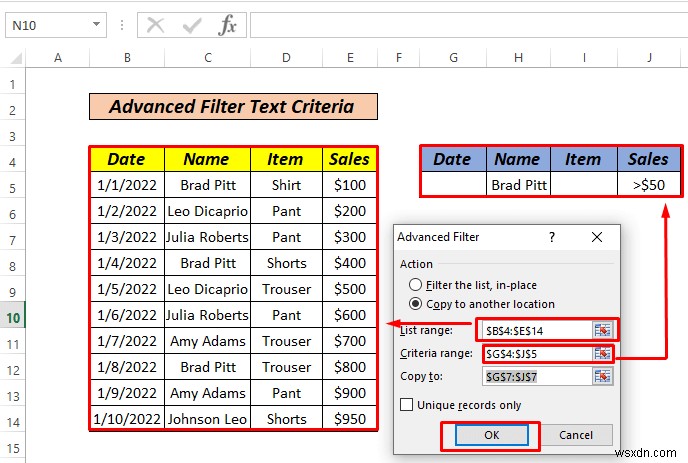 วิธีใช้ตัวกรองขั้นสูงหากช่วงเกณฑ์มีข้อความใน Excel