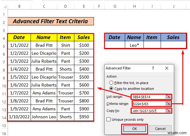 วิธีใช้ตัวกรองขั้นสูงหากช่วงเกณฑ์มีข้อความใน Excel