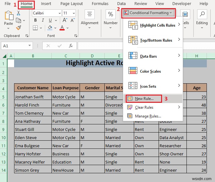 วิธีการเน้นแถวที่ใช้งานอยู่ใน Excel (3 วิธี)