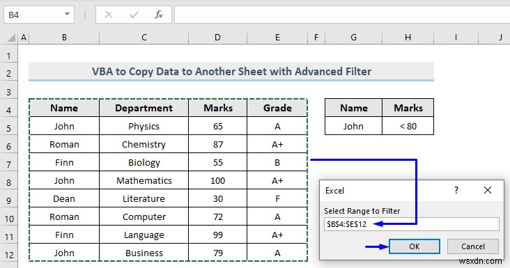 VBA เพื่อคัดลอกข้อมูลไปยังชีตอื่นด้วยตัวกรองขั้นสูงใน Excel