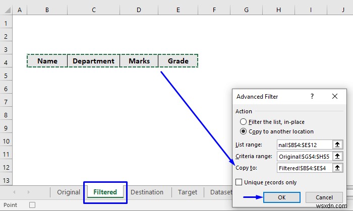 VBA เพื่อคัดลอกข้อมูลไปยังชีตอื่นด้วยตัวกรองขั้นสูงใน Excel