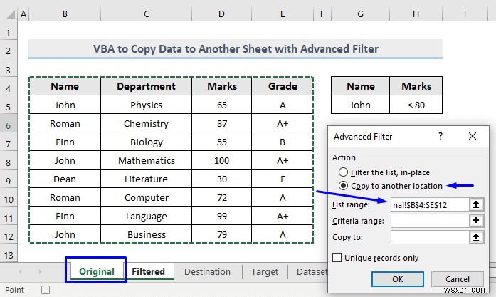 VBA เพื่อคัดลอกข้อมูลไปยังชีตอื่นด้วยตัวกรองขั้นสูงใน Excel