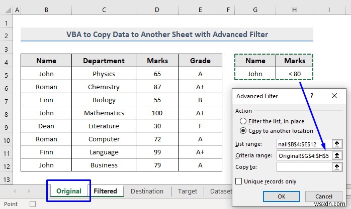 VBA เพื่อคัดลอกข้อมูลไปยังชีตอื่นด้วยตัวกรองขั้นสูงใน Excel