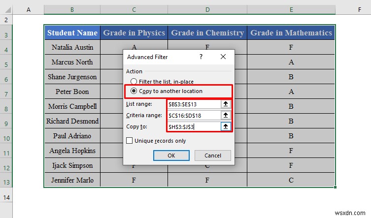 วิธีการใช้ตัวกรองขั้นสูงเพื่อคัดลอกไปยังตำแหน่งอื่นใน Excel