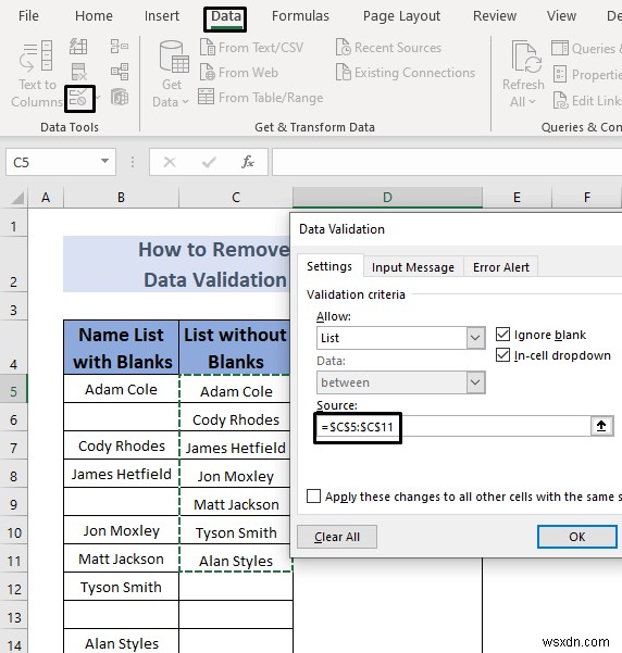 วิธีลบช่องว่างจากรายการตรวจสอบข้อมูลใน Excel (5 วิธี)