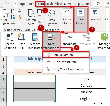 สร้างรายการตรวจสอบความถูกต้องของข้อมูลด้วยการเลือกหลายรายการใน Excel