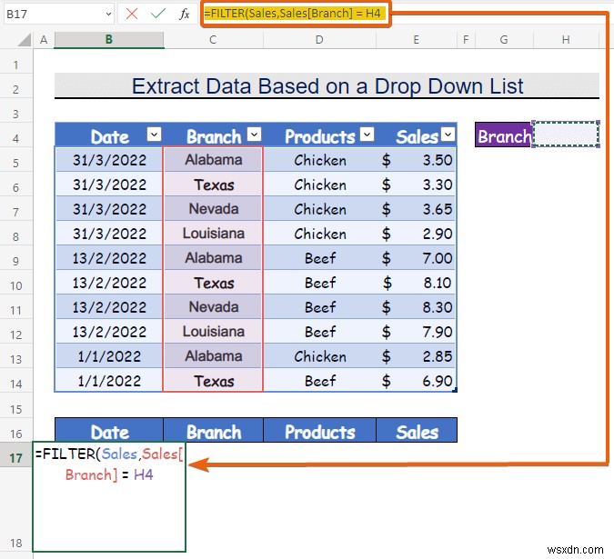 วิธีการดึงข้อมูลตามการเลือกรายการแบบหล่นลงใน Excel