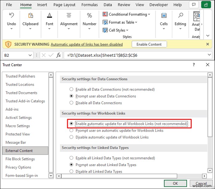 [แก้ไข]:การอัปเดตลิงก์อัตโนมัติของ Excel ถูกปิดใช้งาน